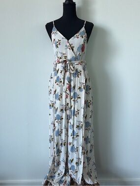 American Eagle Outfitters White Floral Wrap Jumpsuit with Blue and Pink Flowers